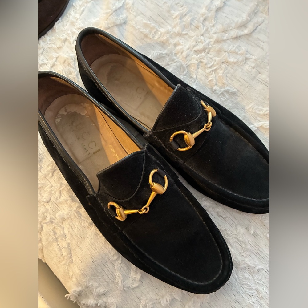 Gucci Men’s Black Suede Loafers with Gold Horsebit